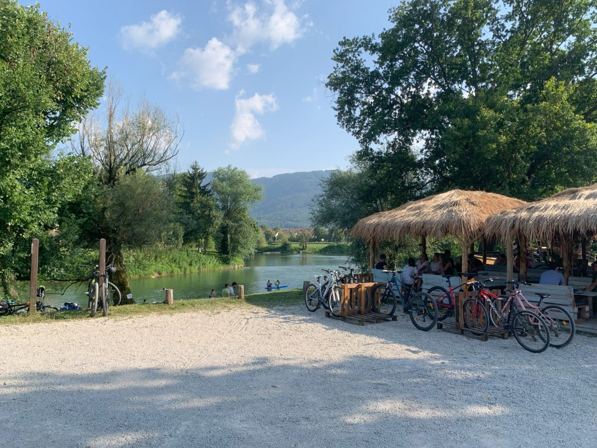 Bikes and boats to rent at the Hawaiian bar on the bottle Green river.. this is Green Slovenia Baby..