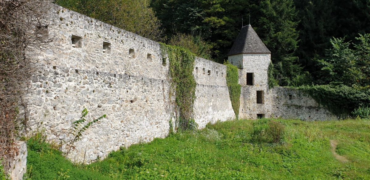 the impressive rear defensive wall with another tower in the corner.. monks lived in cells up here where the grass is now..
