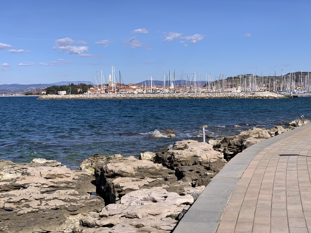 view to Izola island from the much longer main prom..